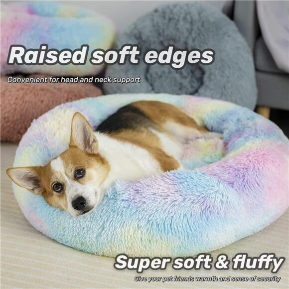 Anti Anxiety Round Fluffy Plush Faux Fur Warm Washable Dog Bed & Cat Bed, - Picture 2 of 6